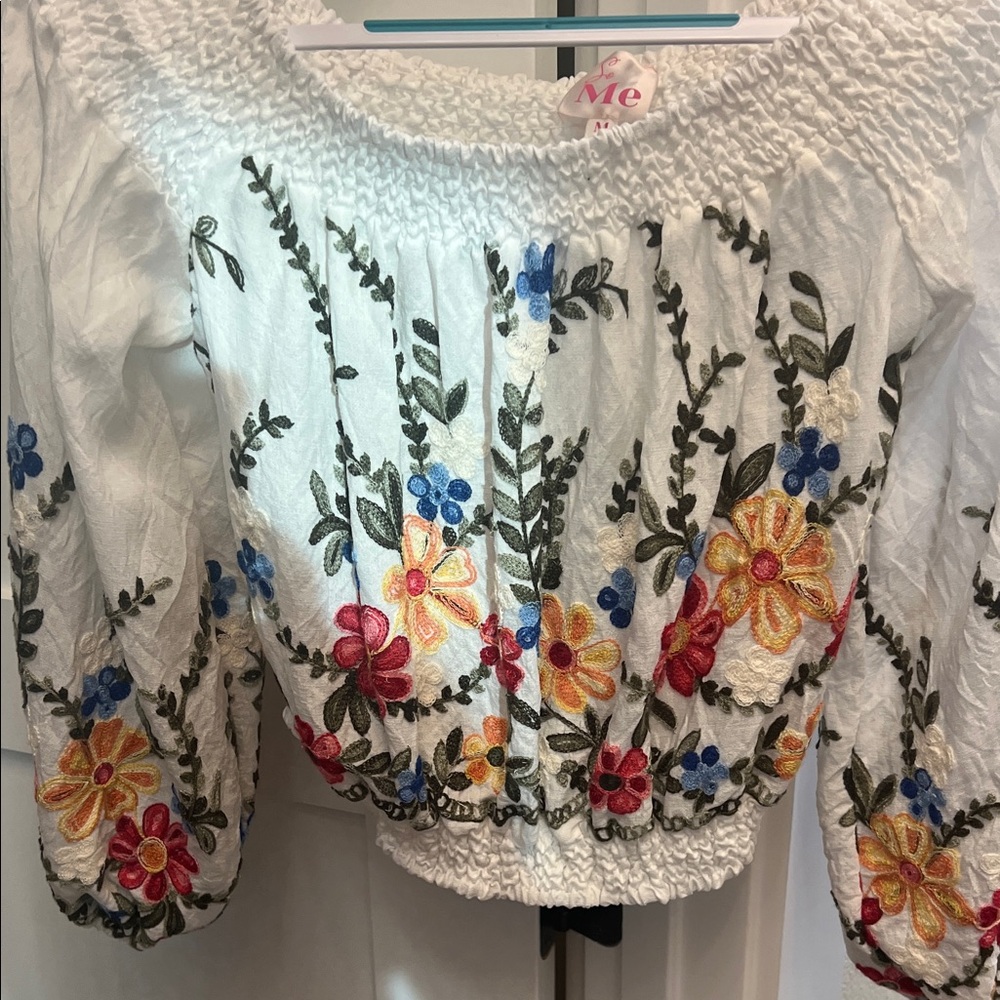 So Me Embroidered Floral Blouse - White, Red, Yellow, Blue